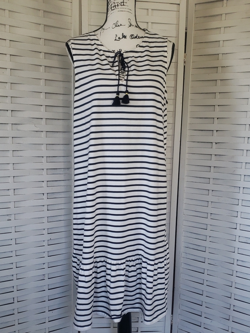 Boden Navy & White Striped Sleeveless Tassel-Tie Dress USA 14L